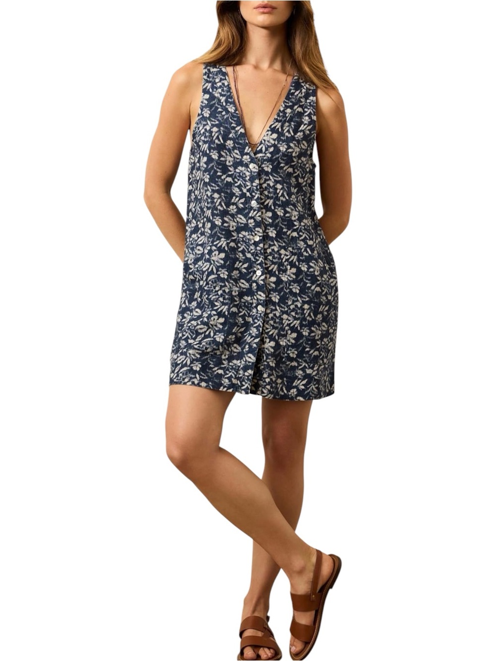 NWT Faherty Alston Sleeveless Linen Dress size Medium in Navy Floral